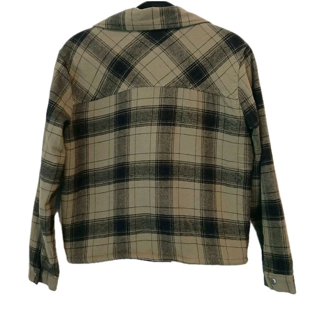 Lucky Brand Plaid Flannel Sherpa Jacket Shacket Womens Small Lined Green Camp - Picture 5 of 12